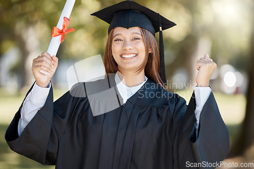 Image of Graduation, university diploma and woman celebrate on campus with smile for ceremony, award and achievement. Education, college and girl graduate student with certificate, degree and academy scroll