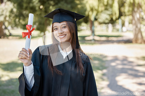 Image of Graduation award, university and portrait of girl on campus with smile for success, diploma and achievement. Education, college and happy female graduate with certificate, degree and academy scroll