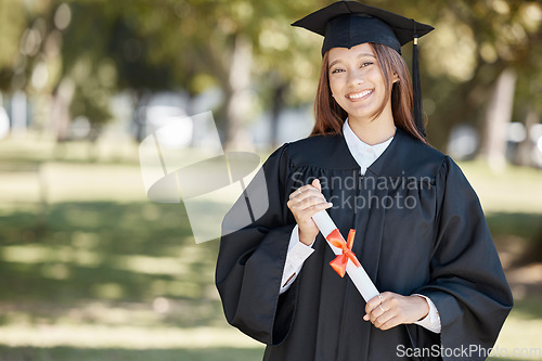 Image of Graduation, education and portrait of woman on campus with smile for success, award and achievement. University student, college and happy female graduate with certificate, degree and academy diploma