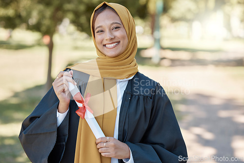 Image of University graduation portrait of muslim woman with education certificate, scholarship success or college achievement. Islamic student or hijab person with scroll, diploma or award at outdoor campus