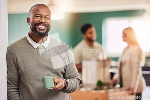 Image of Black man, portrait smile and leadership with coffee for meeting, teamwork or collaboration at office. Happy businessman, leader or coach smiling in management with cup in team planning at workplace