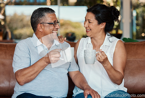 Image of Toast, coffee and senior couple laughing in home, having fun and enjoying funny conversation. Love bonding, tea cheers and romantic smile of happy, retired and elderly man and woman drinking espresso
