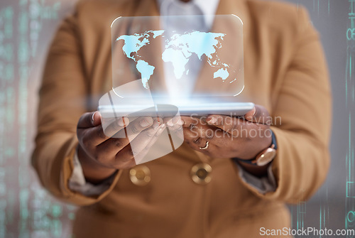 Image of Person hands, tablet and map hologram for worldwide connection, global data and cybersecurity software development. 3D holographic, digital world or planet of business woman in futuristic app overlay