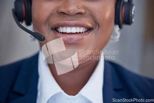 Image of Smile, teeth and call center agent woman with dental hygiene or health happy to consult customer service. Mouth, African American and consultant talking and excited while working in CRM