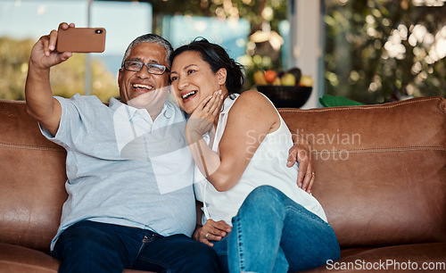 Image of Love, selfie and happy senior couple bonding, relax and enjoy quality time together on home living room sofa. Happiness, lounge memory picture and elderly marriage husband, wife or people in Mexico