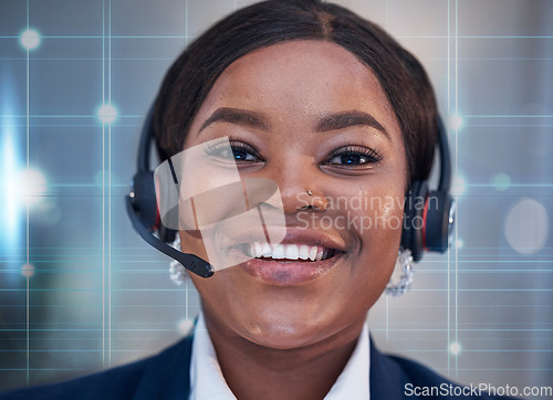 Image of Futuristic graphic, telemarketing portrait and black woman with tech call center consultant. Customer service, happiness and web support agent with a smile and headphones ready for crm communication