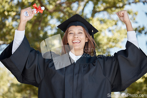 Image of Celebration, graduation and portrait of a woman with a diploma for finishing university. Achievement, happy and graduate with a certificate to celebrate the completion of academic studies at college