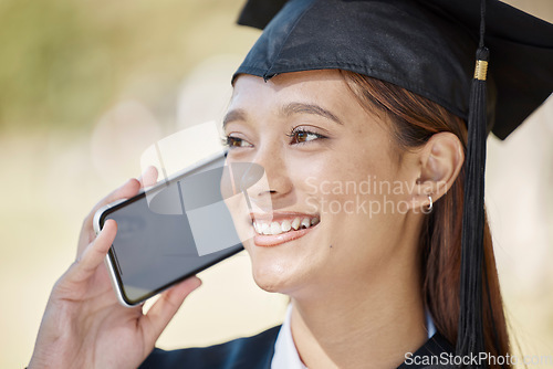 Image of Phone call, student smile and graduation of woman outdoor in university or college campus. Graduate face, education scholarship and happy female talking, chatting or speaking on 5g mobile smartphone.