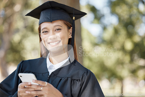 Image of Portrait, smile and graduation of woman with phone for social media or texting outdoor in university or college. Graduate face, education scholarship or happy female student with 5g mobile smartphone