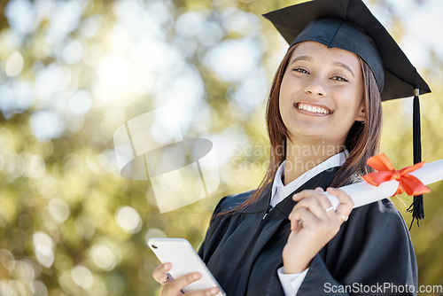 Image of Graduate, phone and portrait of girl with smile for success, goal and education achievement on campus. Graduation, college and happy university student on smartphone for certificate, degree and award