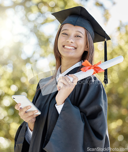 Image of University, graduation and portrait of girl with smartphone on campus for success, award and achievement news. Education, college and graduate student with certificate, degree and texting on phone