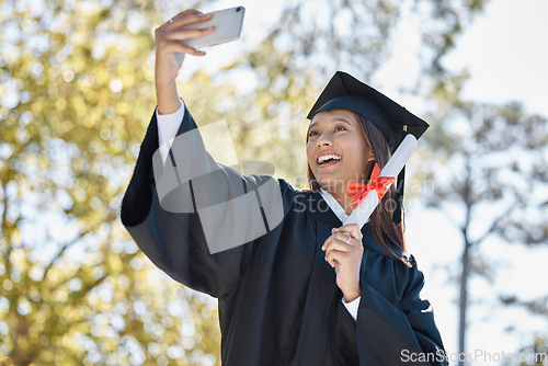 Image of Selfie, smile and graduation of woman with certificate in university or college campus. Graduate, education scholarship and happy female student taking pictures to celebrate academic achievement.