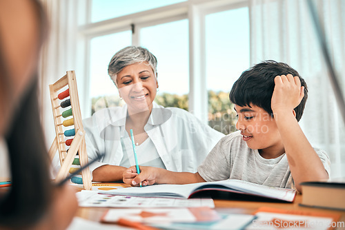 Image of Grandma help, child math learning and home studying selfie in a family house with education and knowledge. Senior man, boy and teaching of elderly person with a kid doing writing for an project