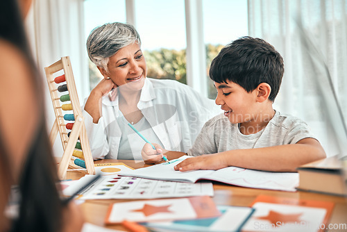 Image of Grandma, child learning selfie and home studying in a family house with education and knowledge. Senior woman, boy and teaching of elderly person with a kid doing writing for school homework