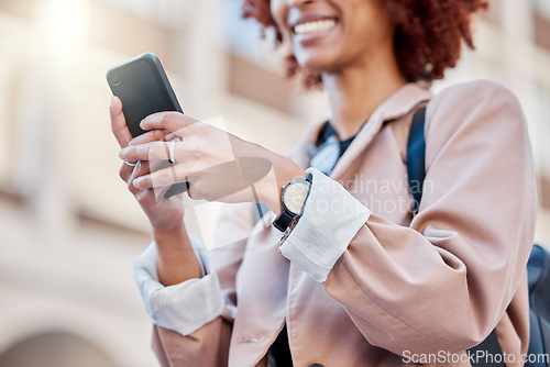 Image of Hands texting, city and black woman with smile, online date and communication on internet with happiness. Girl, typing and smartphone app ux with social network chat on travel, vacation or adventure