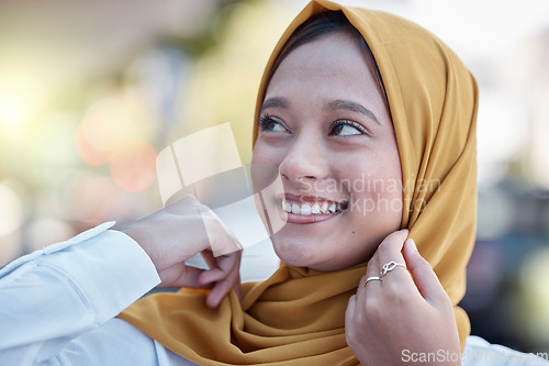 Image of Muslim, young woman with hijab and face with smile, freedom and travel with day out, happy and carefree outdoor. Islamic fashion, youth and gen z with adventure, lifestyle and female in Dubai