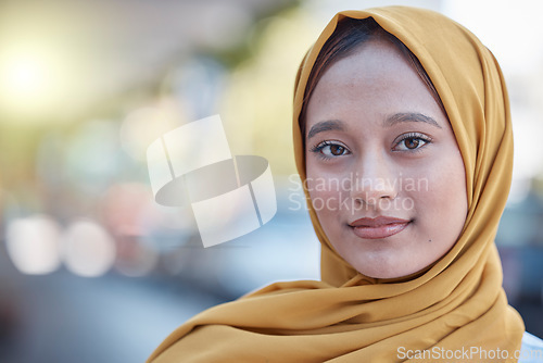 Image of Travel, relax and portrait of Muslim woman in city for young, proud and natural in urban town. Islamic, positive and confident with girl wearing hijab in Dubai for calm, weekend and bokeh mockup