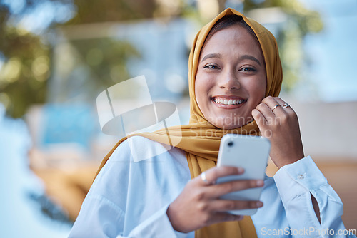 Image of Phone, outdoor and portrait of muslim woman with mindset for international culture, city networking and mobile app. Young hijab entrepreneur or face of islamic person from Saudi Arabia on cellphone