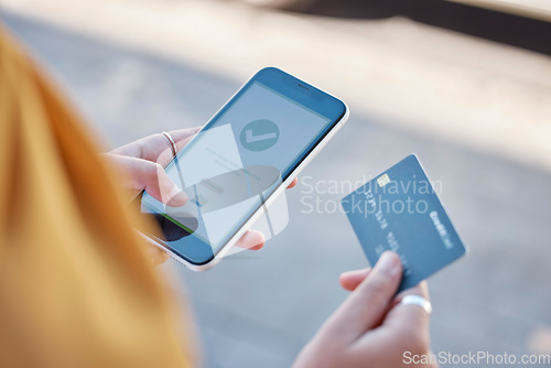 Image of Credit card, phone screen and hands of woman online shopping, ecommerce and successful financial payment. Person outdoor on smartphone. Cellphone or fintech for banking on mobile app or order service