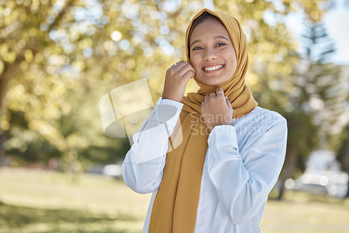 Image of Hijab, smile and portrait of Muslim woman in park for travel, relax and natural in Indonesia. Islamic, positive and confident with proud girl in field of nature for calm, weekend and happiness