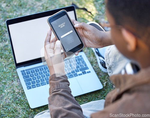 Image of Man, hands and phone with laptop in search for marketing, online advertising or browsing outdoors. Hand of male student on mobile smartphone app or computer display for remote research in nature