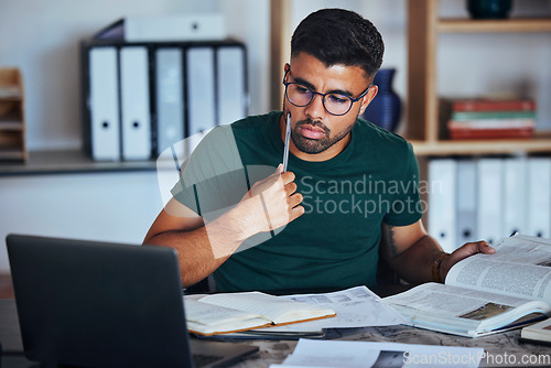 Image of Study, research and thinking with man and laptop for elearning, education and college. Focus, solution and technology with student reading at home for university, online exam and remote lecture