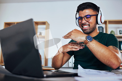 Image of Man, office and video call with hand, size and explaining for webinar, online workshop or learning. Gen z student guy, studying and hands for education with laptop, headphones and digital classroom