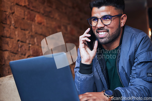 Image of Black man, phone call and coffee shop with a smile on a web app conversation with happiness. Online communication, connection and cafe remote working of a freelance writer on mobile networking