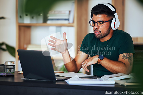 Image of Elearning, talking and man with a laptop studying, explaining and conversation on a video call. Education, remote and student listening to school communication, online course and speaking on a pc