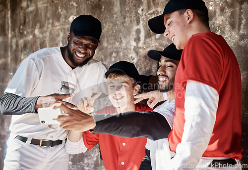 Image of Baseball, sports men or team selfie for social media for fun memory or profile pictures training in stadium. Mobile app, friends or happy softball players relaxing or bonding together in dugout bench