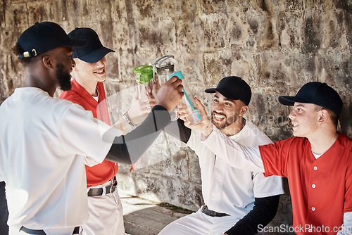 Image of Baseball player, team or people toast to success in training or match game to celebrate victory in stadium. Goals target, fun men or softball players in happy celebration with sports drinks together