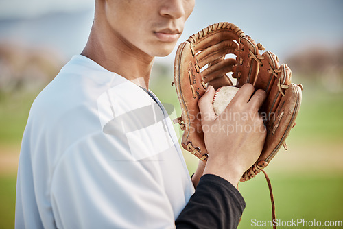 Image of Man, baseball player or hands glove on field, sports or arena grounds for game, match or competition throw. Zoom, athlete or softball mitt for pitcher, fitness exercise or training workout in stadium