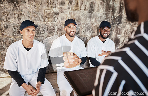 Image of Teamwork, planning or baseball coach with a strategy, training or softball game field formation on bench. Leadership, tablet or manager with sports men or athlete group for fitness or mission goals