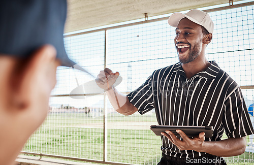 Image of Motivation, planning or happy baseball coach with strategy ideas in training or softball game in dugout. Leadership or excited black man with sports athletes for fitness, teamwork or mission goals