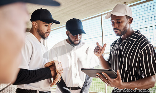 Image of Sports group, planning or baseball coach with strategy ideas in training or softball game in dugout. Leadership, formation on tablet or black man with athletes for fitness, teamwork or mission goals