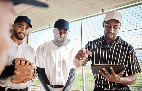 Image of Group portrait, planning or baseball coach with a strategy in training or softball game in dugout. Leadership, formation on tablet or black man with sports athletes for teamwork or mission goals