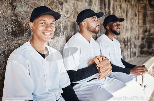 Image of Baseball player portrait, bench or sports man on field at competition, training match on a stadium pitch. Softball exercise, fitness workout or happy players playing a game in team dugout in summer