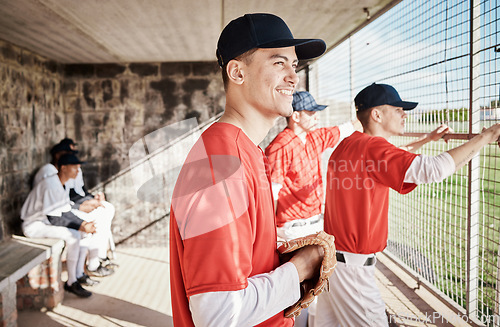 Image of Baseball, men and watch game with happiness, achievement and competition with teamwork. Mit, male players and athletes in sports dugout, start training and friends with exercise, workout and smile