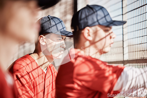 Image of Baseball, ready and dugout with a sports man watching a competitive game outdoor during summer for recreation. Sport, teamwork and waiting with a male athlete on the bench to support his teammates