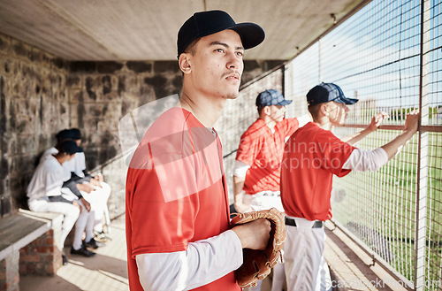 Image of Baseball, pitcher or dugout with a sports man watching his team play a game outdoor during summer for recreation. Sport, teamwork and waiting with a male athlete on the bench to support his teammates