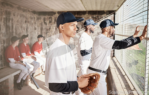 Image of Baseball, sports and player with team in stadium watching games, practice match and competition on field. Fitness, teamwork and male athlete in dugout spectate exercise, training and sport workout