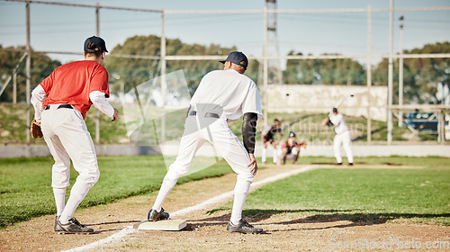 Image of Sports, baseball and fitness with men on field for training, competition matcha and exercise. Home run, focus and teamwork with group of people playing in park stadium for pitcher, cardio and batter