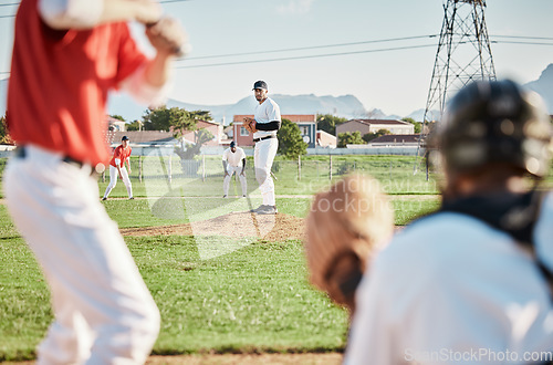 Image of Men, pitcher or baseball player with glove in game, match or competition challenge on field, ground or stadium grass. Softball, athlete or sports people in pitching, teamwork collaboration or fitness