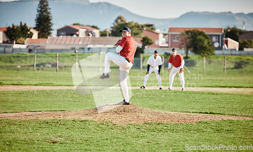 Image of Baseball field, competitive and man pitcher pitch or throw ball in a match, game or training with a softball team. Sports, fitness and professional man athlete in a competition with teamwork