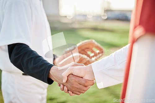 Image of People, sports or handshake for team greeting, introduction or respect on baseball field together. Zoom of men shaking hands in softball match or game in competition, training or workout exercise