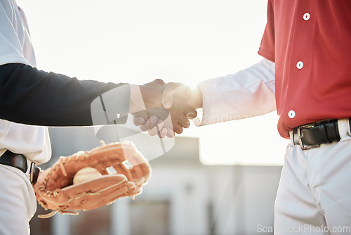 Image of Baseball, sports or handshake for team greeting, introduction or respect on stadium field together. Zoom of men shaking hands in softball match or game in competition, training or workout exercise