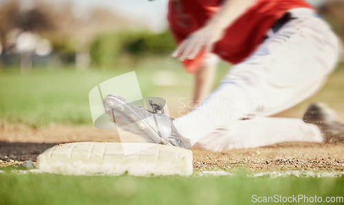 Image of Man, foot or slide on sports baseball field in game, match or competition challenge for homerun motion blur. Athlete, shoes or softball player feet in fast run, fitness or exercise workout on ground