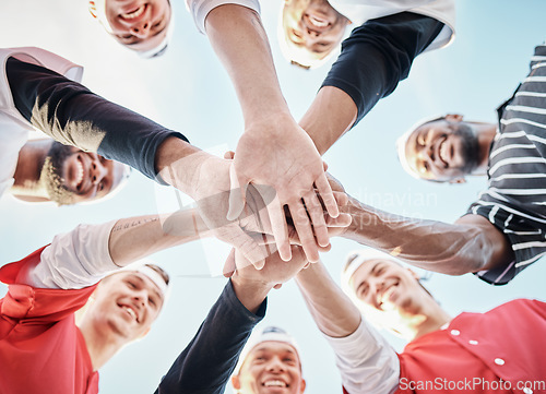 Image of Hands, baseball motivation or sports men in huddle with support, hope or faith on field in fun game together. Teamwork, happy people or group of excited softball athletes with solidarity low angle