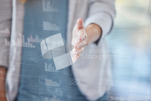 Image of Woman, handshake and meeting in b2b, greeting or partnership for thank you, welcome or introduction at office. Female employee shaking hands for deal, success or finance agreement on hologram overlay