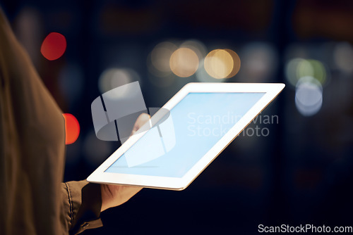 Image of Tablet mockup, hands or night with screen and woman, business advertising or customer experience insight. Brand monitoring ui, product placement research or person with social network space